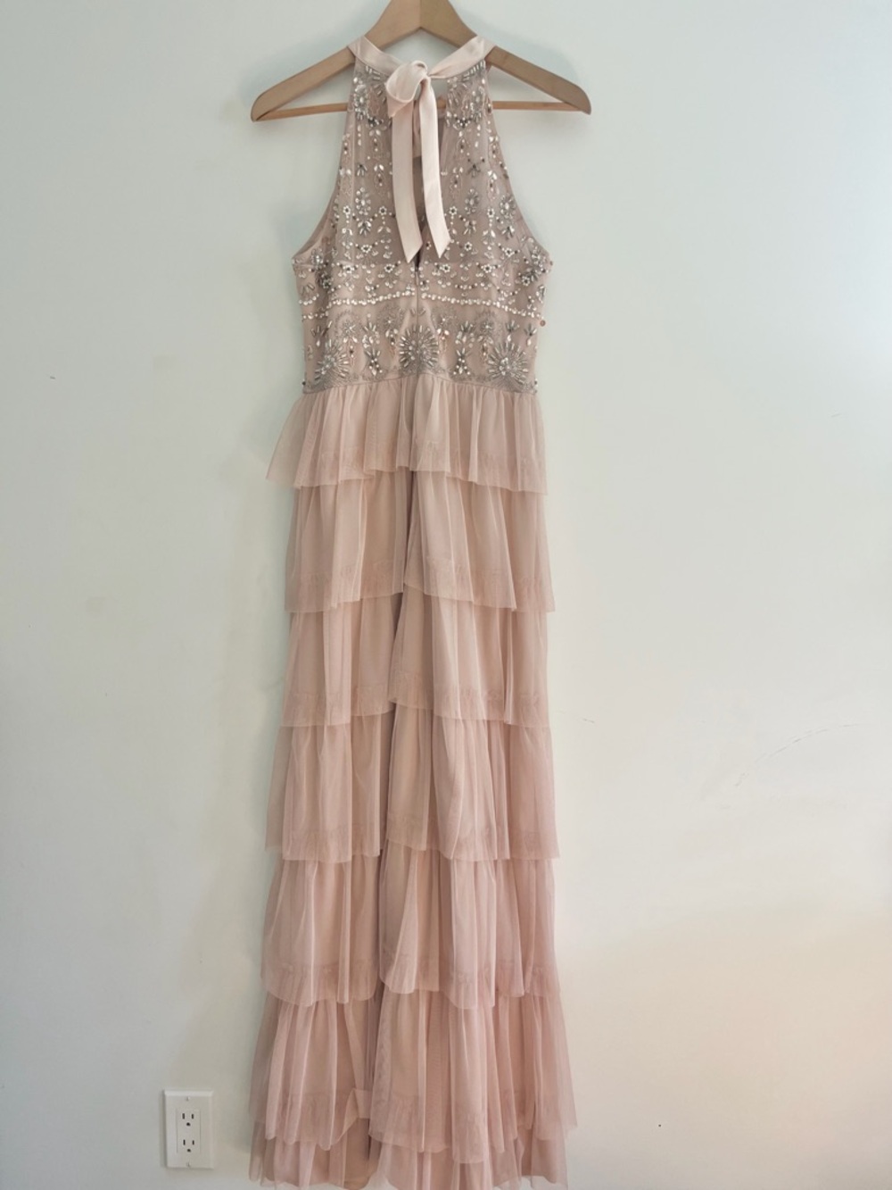 Adrianna Papell Blush Pink Tiered Tulle Skirt Beaded Bodice Ball Gown Dress Sz 6 - Picture 15 of 15